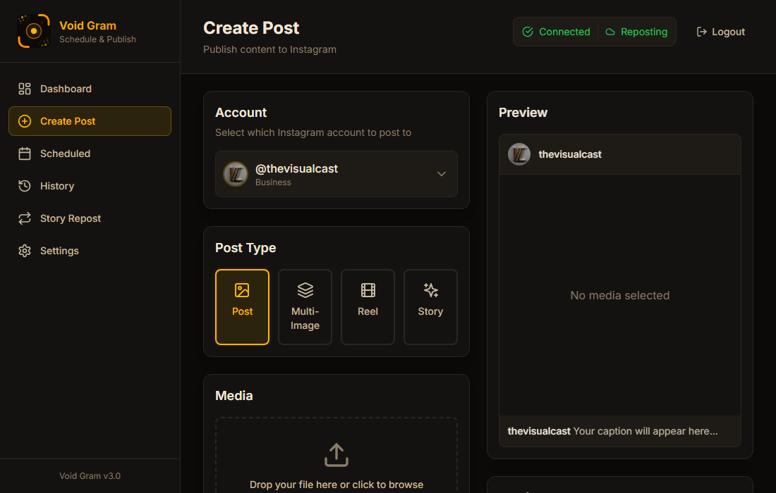 VoidGram create post interface with media upload, caption editing, and scheduling options