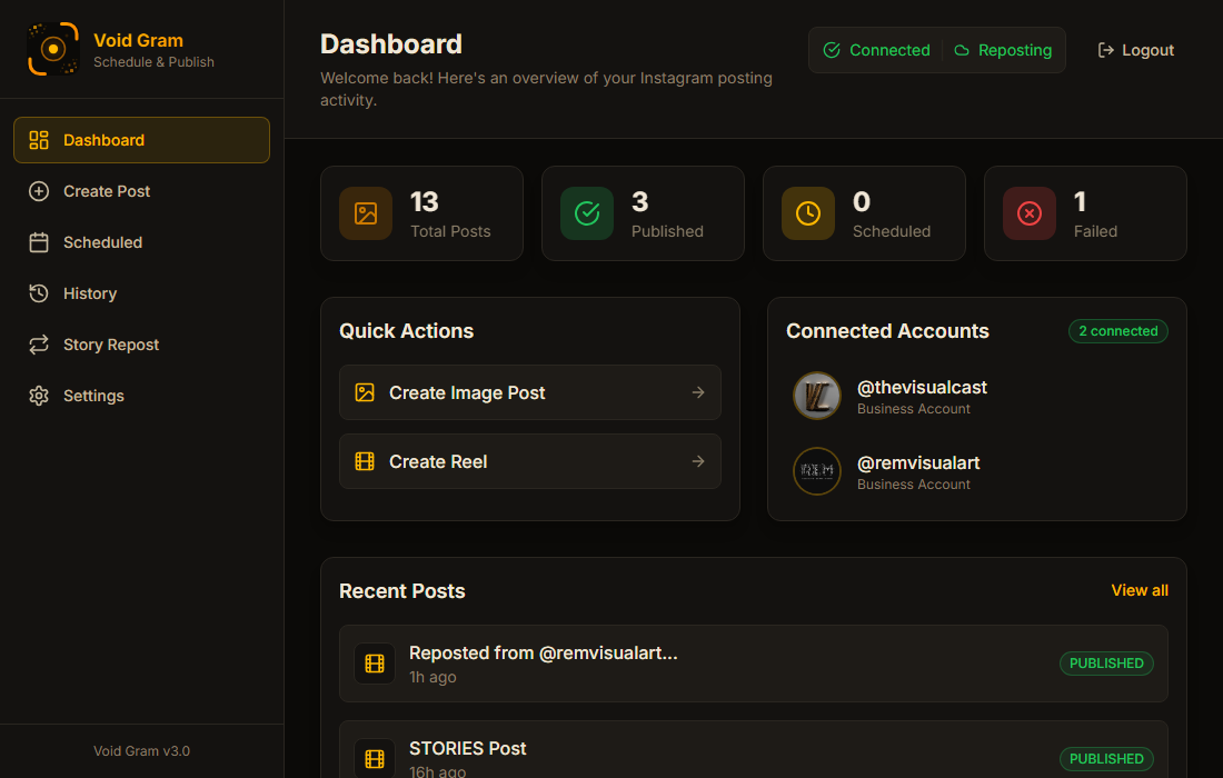 VoidGram dashboard showing Instagram account connection, post scheduling, and publishing interface