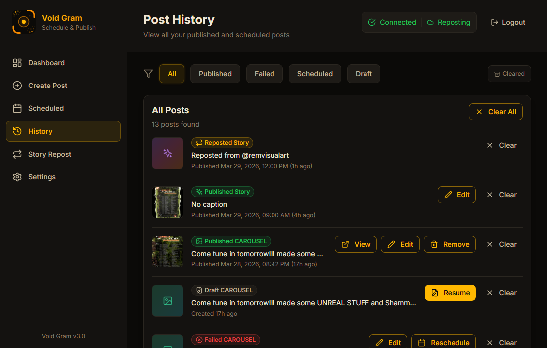 VoidGram post history showing published posts with status indicators and permalinks